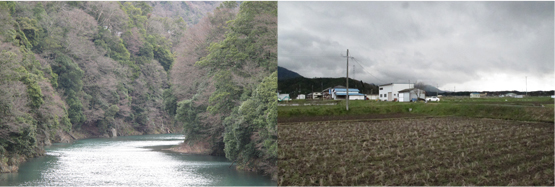 永源寺のふもとを流れる愛知川（左）、粘土質の肥沃な土壌と昼と夜の温度差が利点（右）
